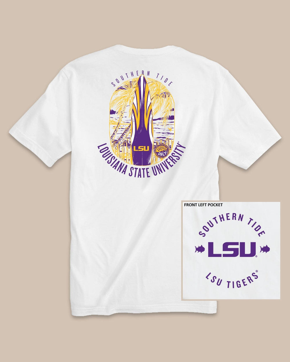 The back view of the Southern Tide LSU Tigers Gameday Locals Only T-Shirt by Southern Tide - Classic White