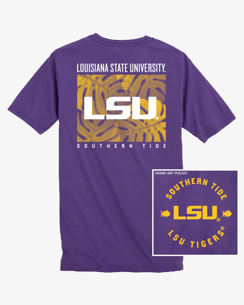 The back view of the LSU Tigers Halftone Monstera T-Shirt by Southern Tide - Regal Purple