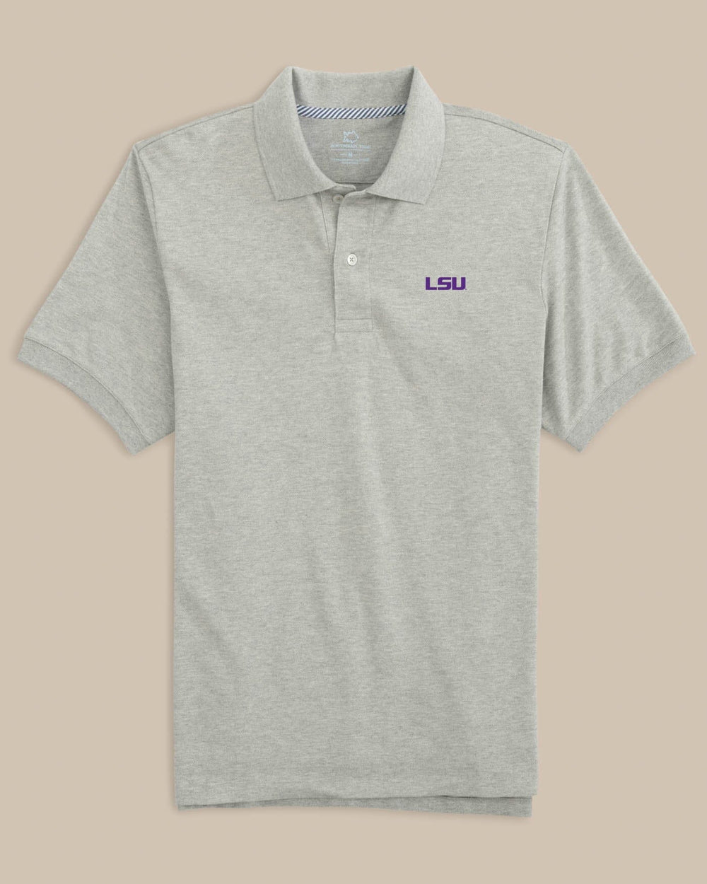 The front view of the LSU Tigers Skipjack Polo by Southern Tide - Heather Grey