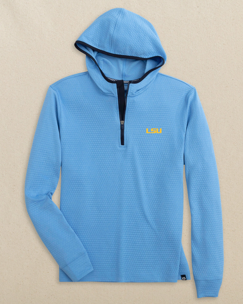 The front view of the LSU Tigers Scuttle Heather Performance Quarter Zip Hoodie by Southern Tide - Heather Boat Blue