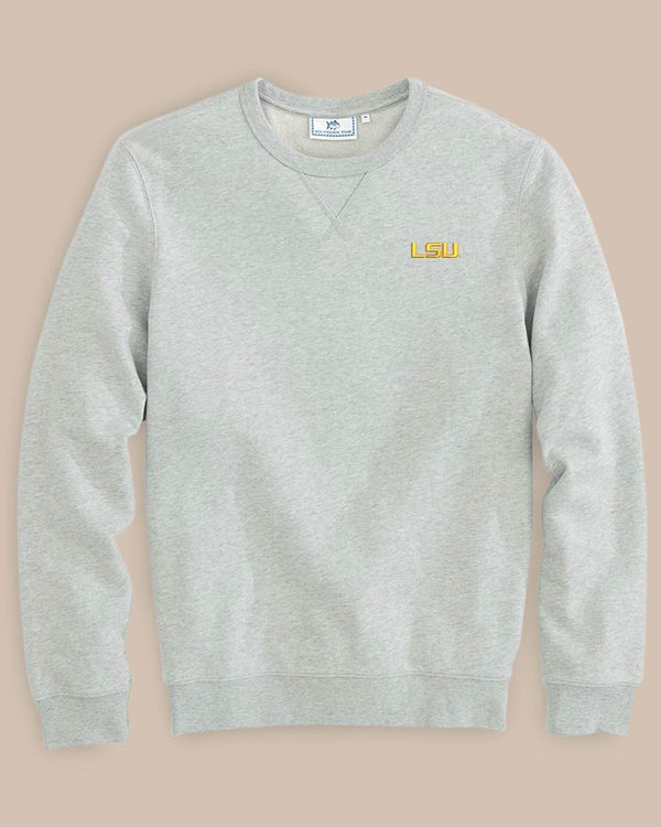 The front view of the LSU Tigers Upper Deck Pullover Sweatshirt by Southern Tide - Heather Slate Grey