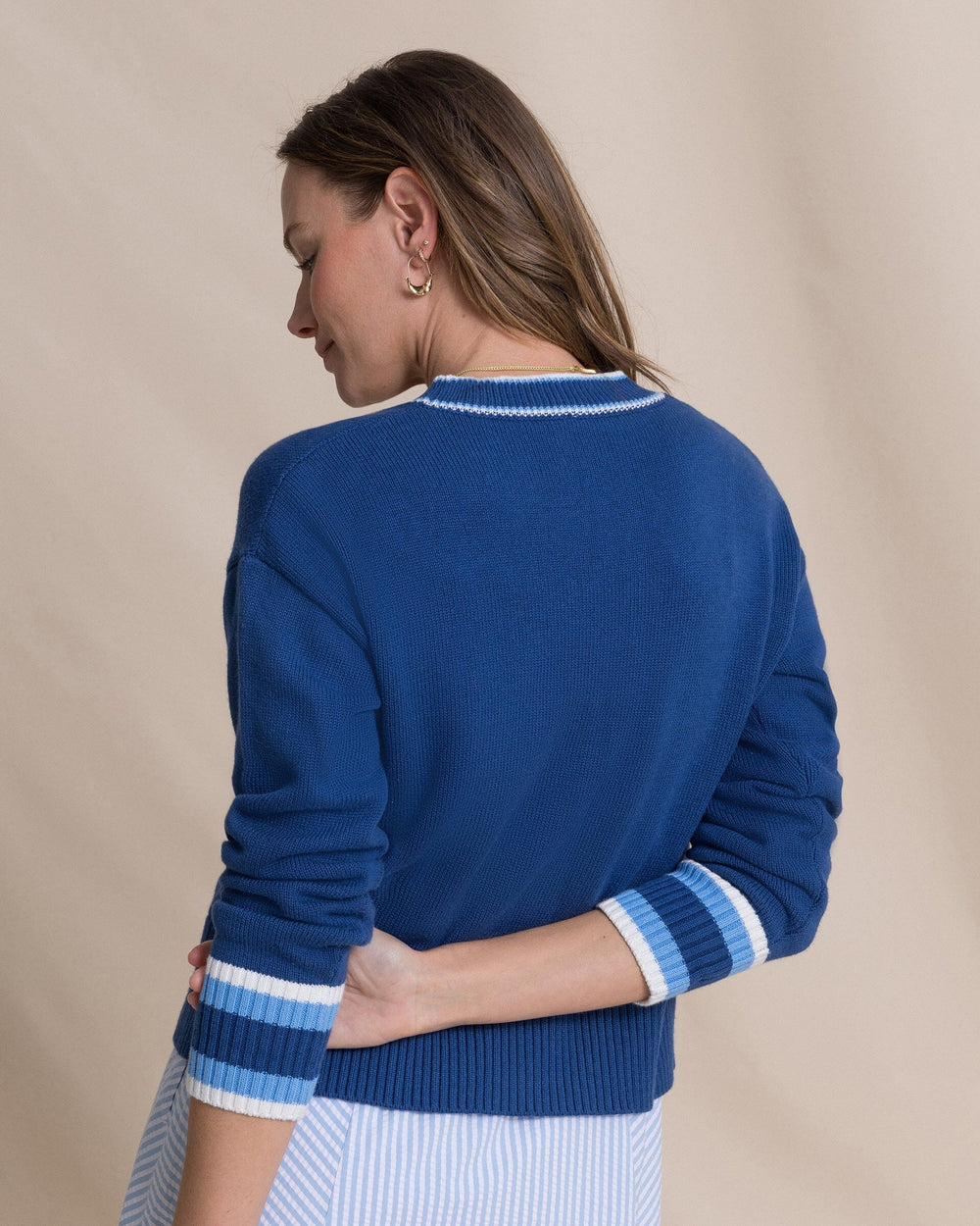 The back view of the Southern Tide Lucille Cardigan Sweater by Southern Tide - Nautical Blue
