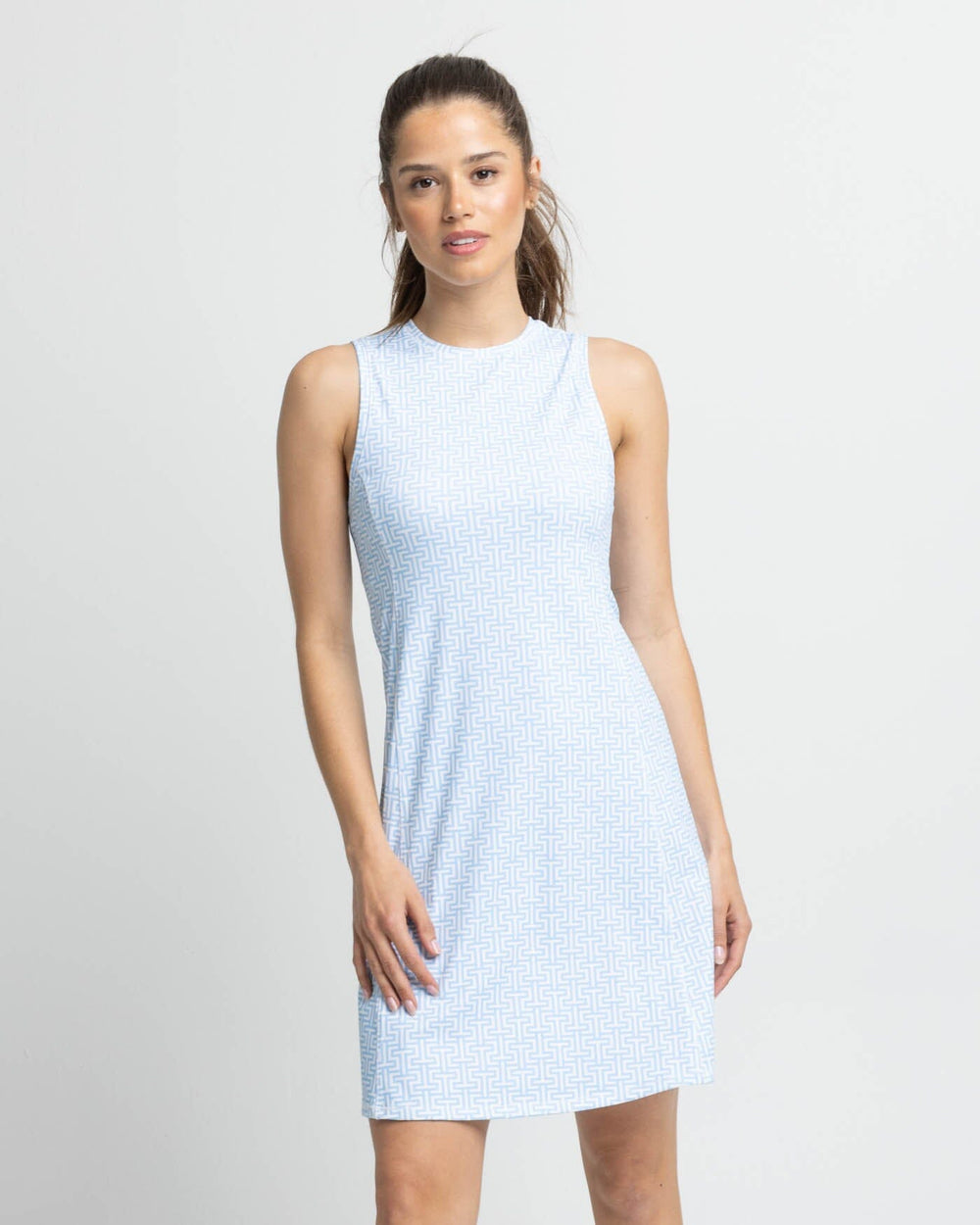The front view of the Southern Tide Lyllee Printed Performance Dress by Southern Tide - Classic White