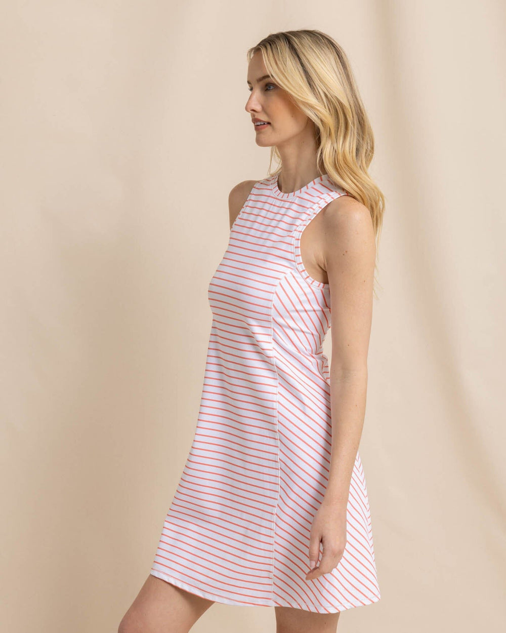 The front view of the Southern Tide Lyllee Striped Performance Dress by Southern Tide - Classic White