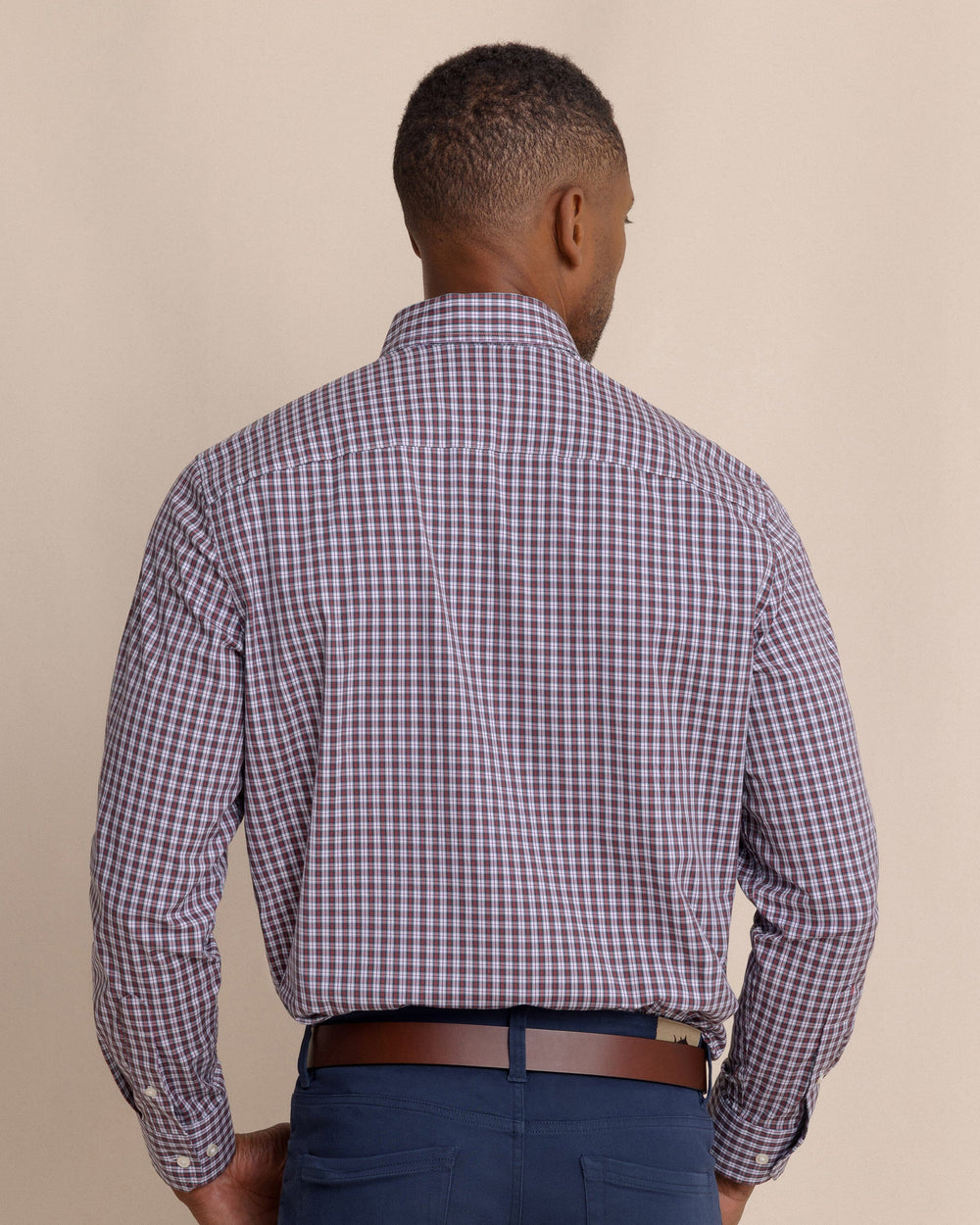The back view of the Southern Tide MacDuff Tartan Charleston Sport Shirt by Southern Tide - Crab Red