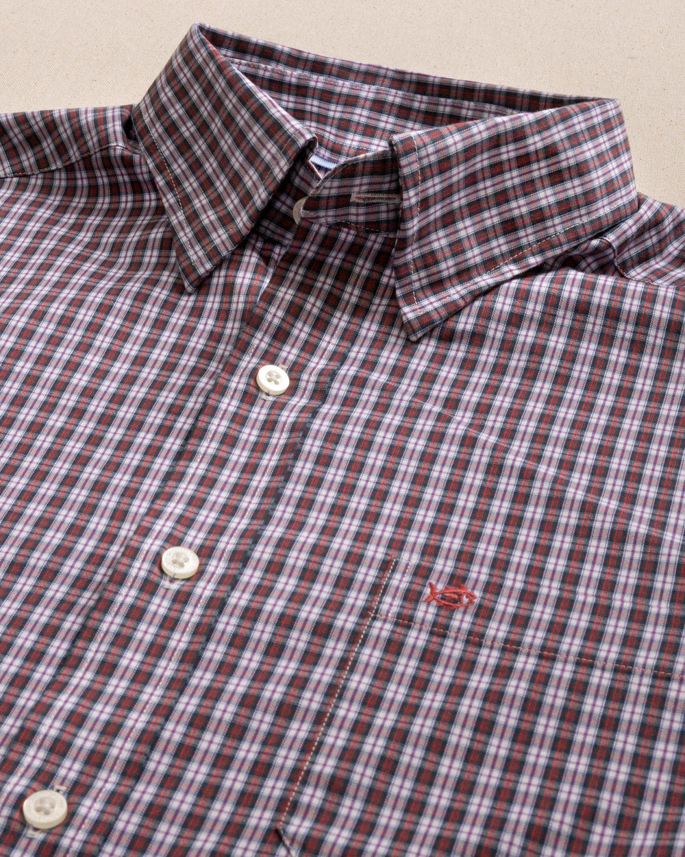 The detail view of the Southern Tide MacDuff Tartan Charleston Sport Shirt by Southern Tide - Crab Red