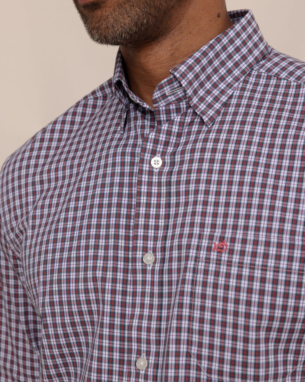 The detail view of the Southern Tide MacDuff Tartan Charleston Sport Shirt by Southern Tide - Crab Red