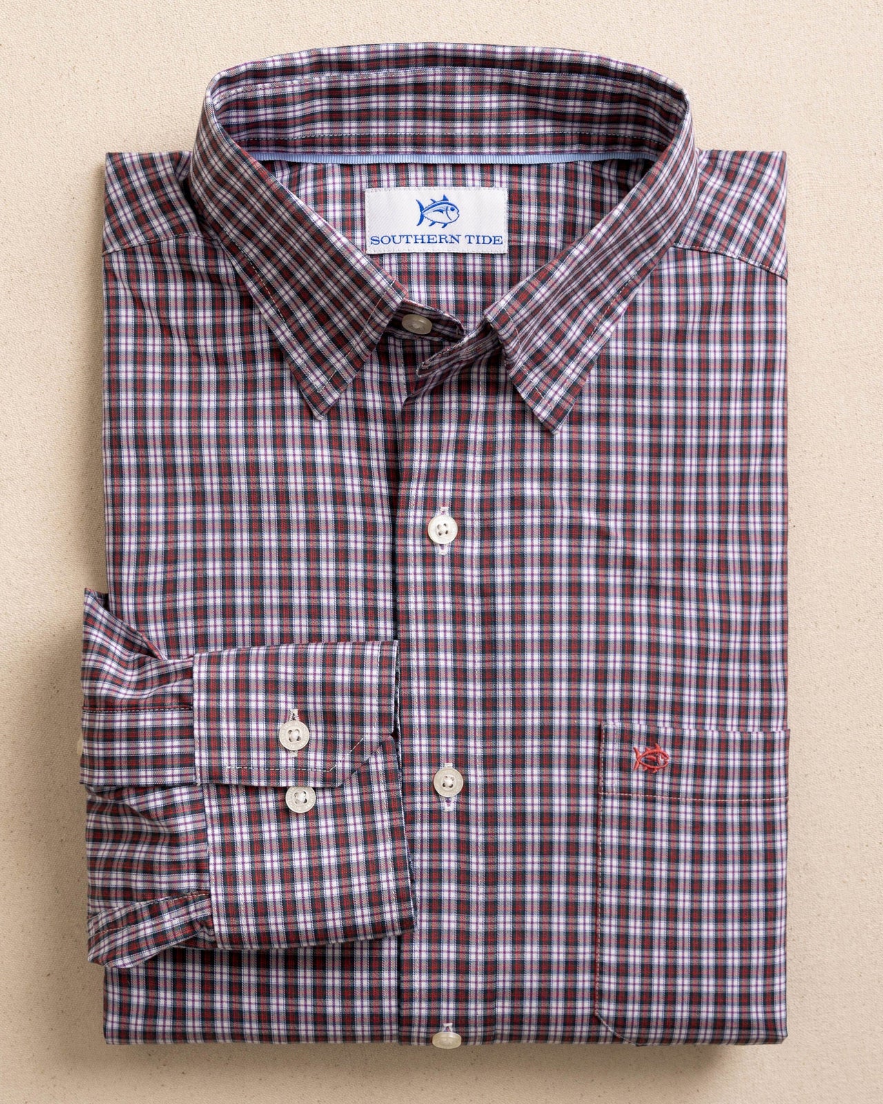 The front view of the Southern Tide MacDuff Tartan Charleston Sport Shirt by Southern Tide - Crab Red