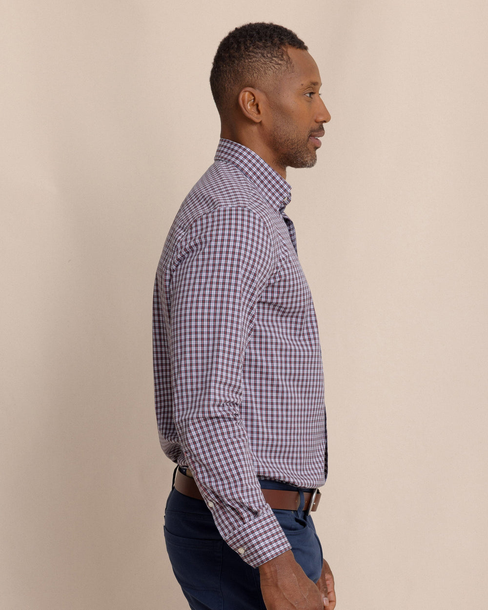 The side view of the Southern Tide MacDuff Tartan Charleston Sport Shirt by Southern Tide - Crab Red