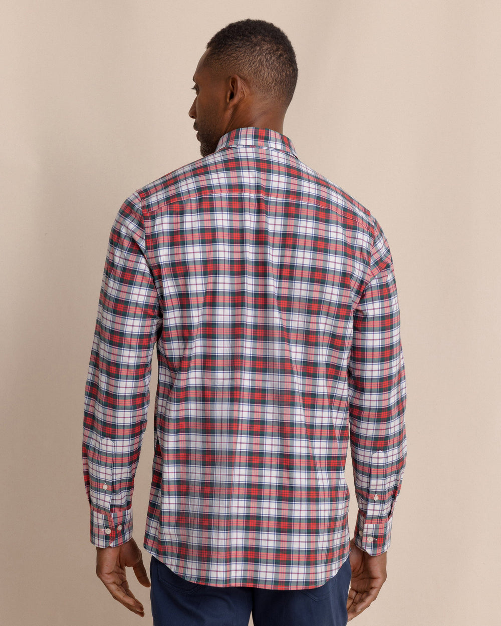 The back view of the Southern Tide MacDuff Tartan Skipjack Sport Shirt by Southern Tide - Crab Red