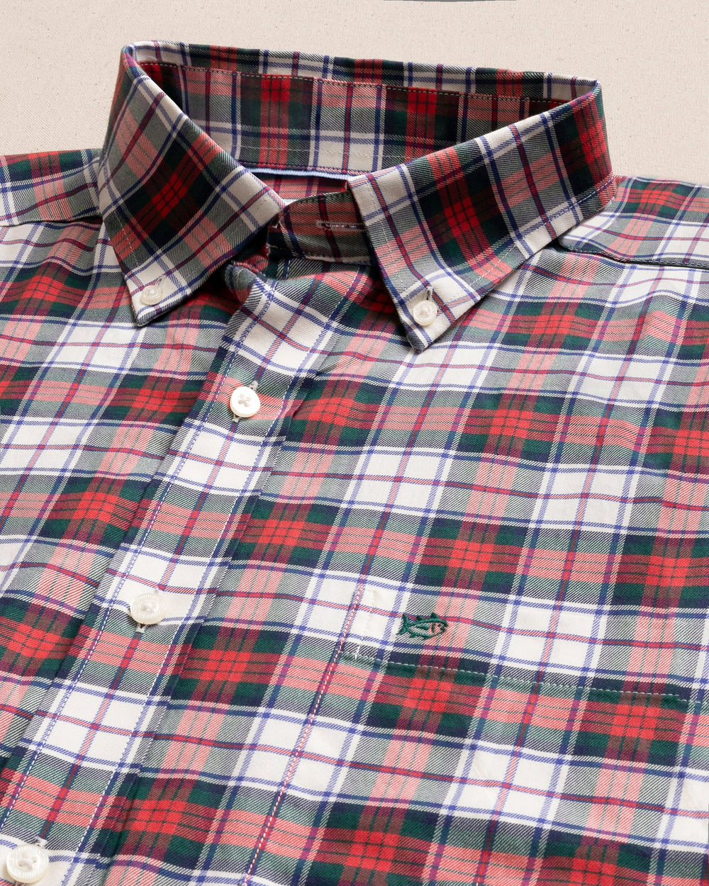 The detail view of the Southern Tide MacDuff Tartan Skipjack Sport Shirt by Southern Tide - Crab Red