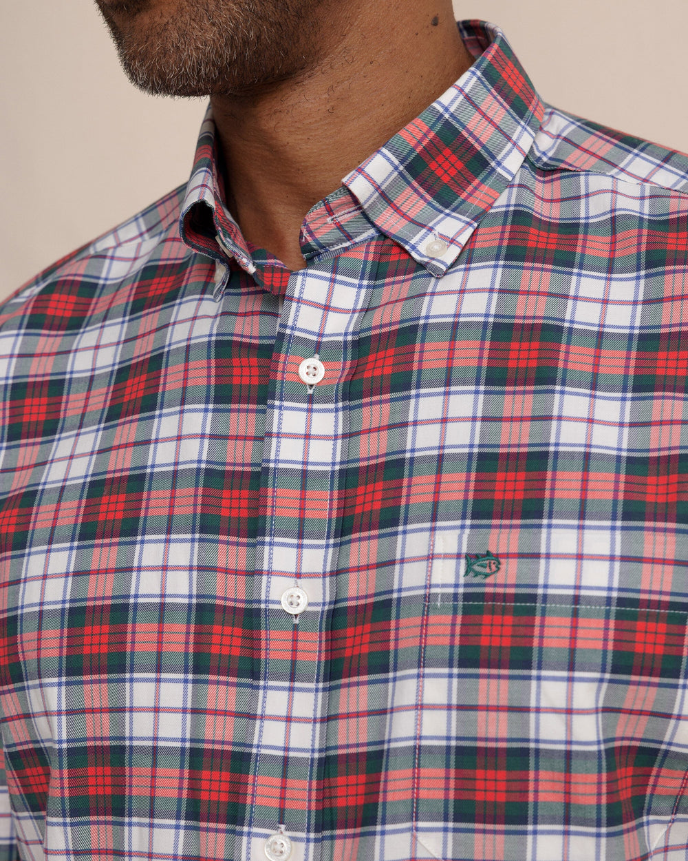 The detail view of the Southern Tide MacDuff Tartan Skipjack Sport Shirt by Southern Tide - Crab Red