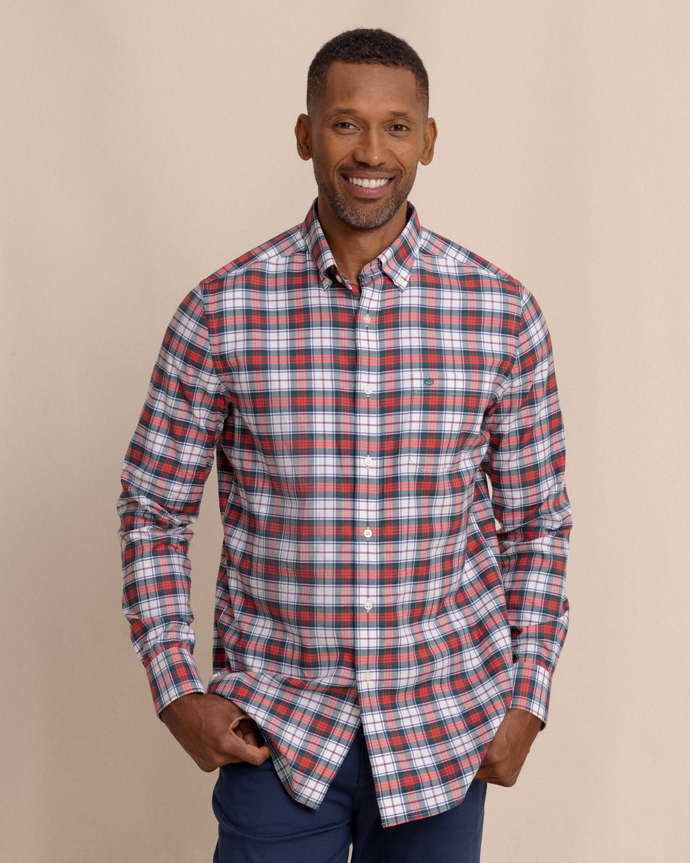 The front view of the Southern Tide MacDuff Tartan Skipjack Sport Shirt by Southern Tide - Crab Red