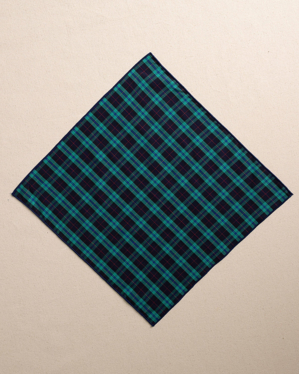 The front view of the High Cotton Macleod Tartan Pocket Square at Southern Tide - Blue