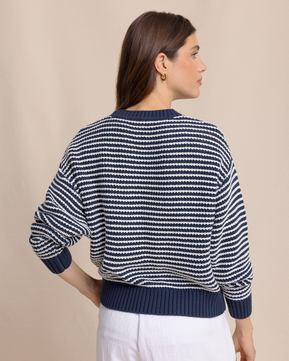 The back view of the Southern Tide Maggi Stripe Open Stitch Sweater by Southern Tide - Dress Blue