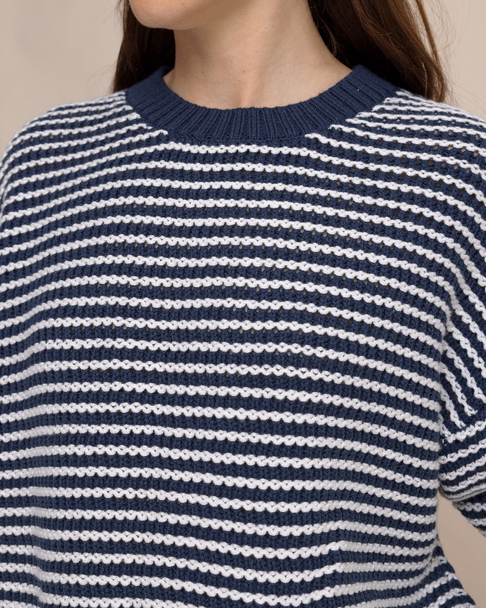 The detail view of the Southern Tide Maggi Stripe Open Stitch Sweater by Southern Tide - Dress Blue