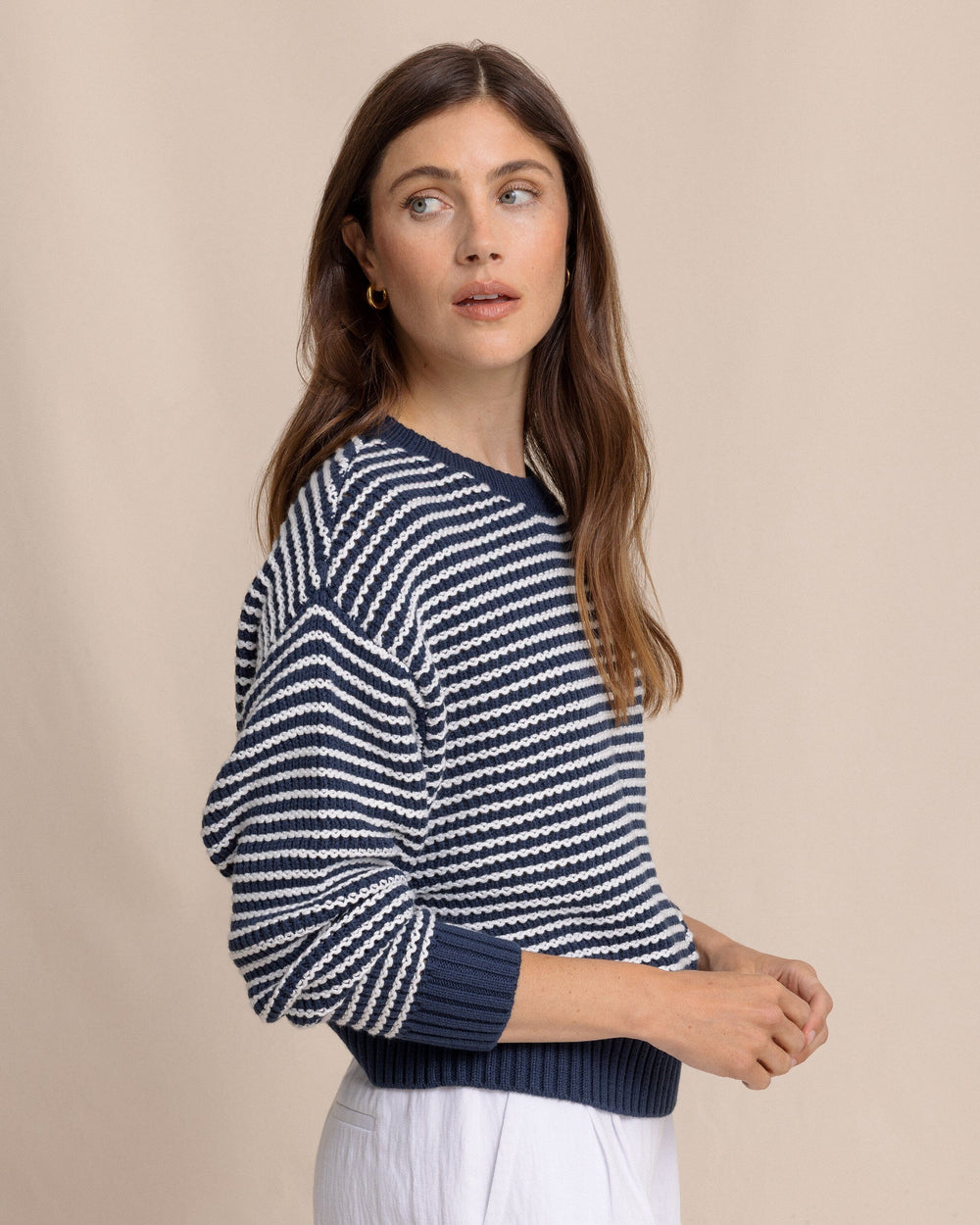 The side view of the Southern Tide Maggi Stripe Open Stitch Sweater by Southern Tide - Dress Blue