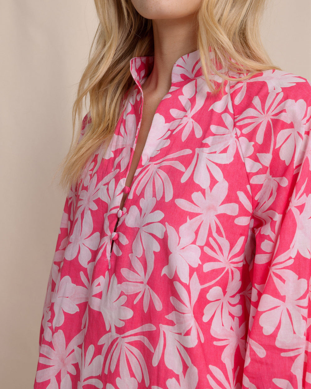 The detail view of the Southern Tide Mandy Bubble Sleeve Dress by Southern Tide - Fandango Pink