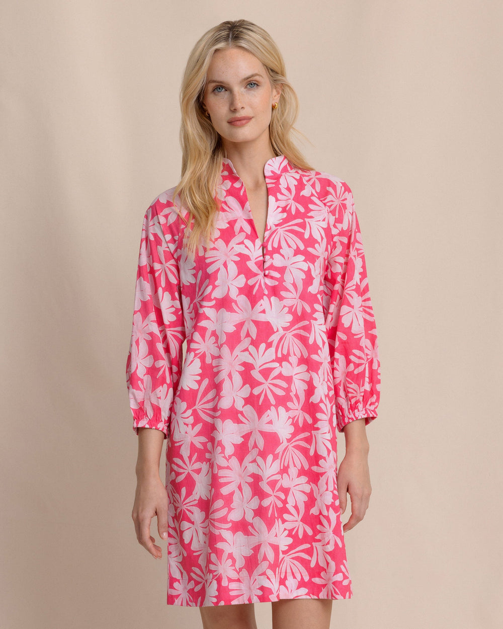 The front view of the Southern Tide Mandy Bubble Sleeve Dress by Southern Tide - Fandango Pink