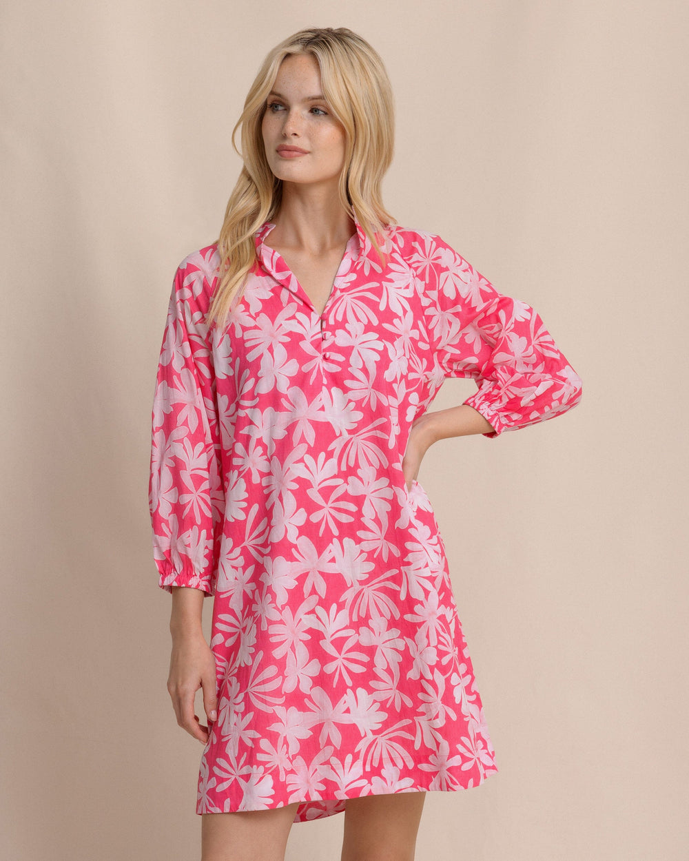 The front view of the Southern Tide Mandy Bubble Sleeve Dress by Southern Tide - Fandango Pink