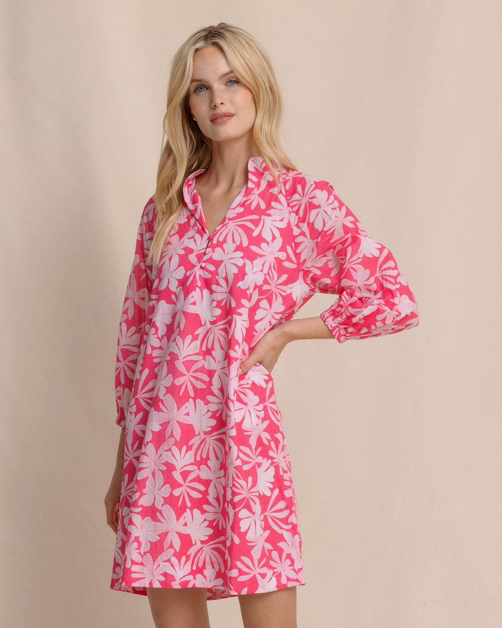 The front view of the Southern Tide Mandy Bubble Sleeve Dress by Southern Tide - Fandango Pink