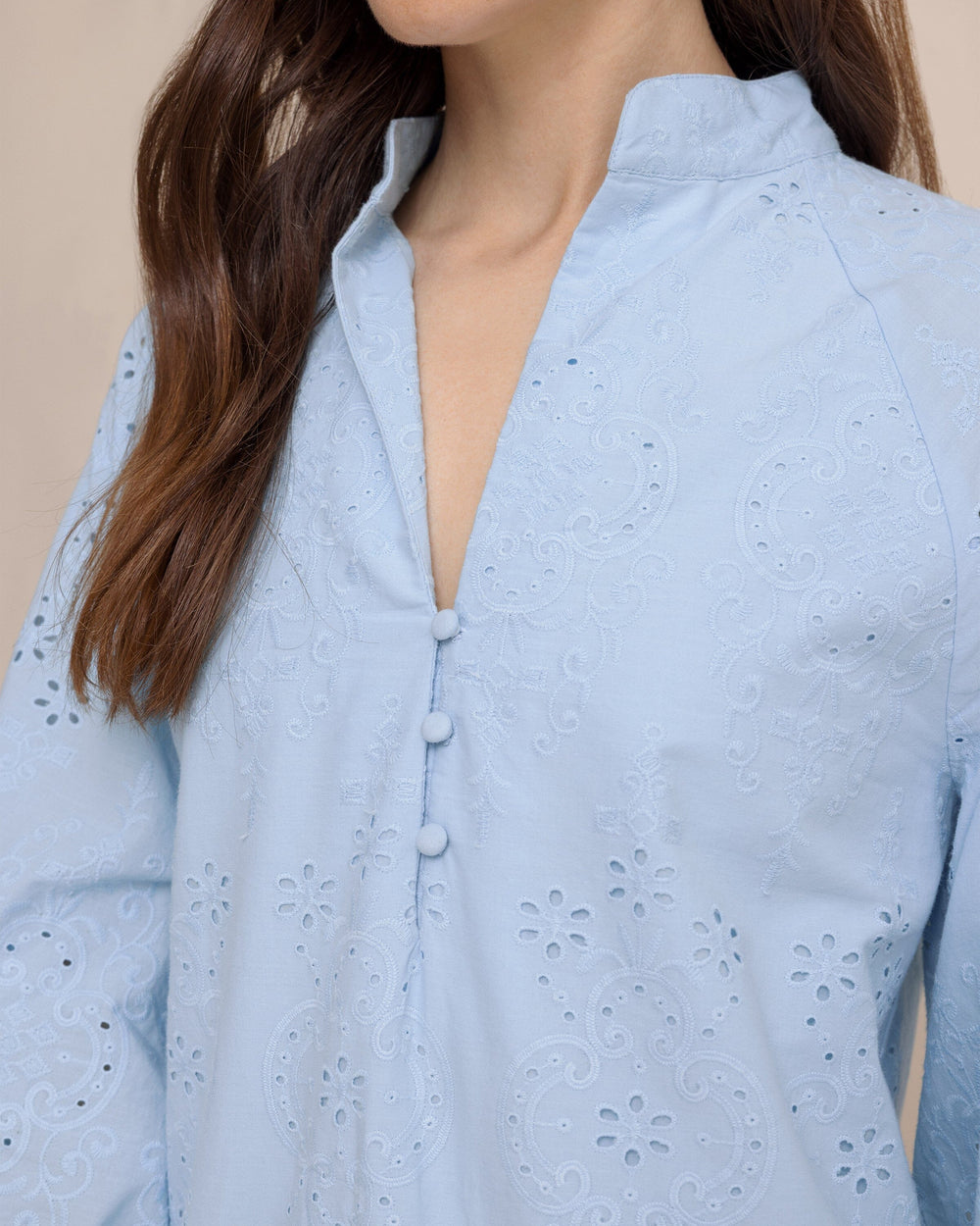 The detail view of the Southern Tide Mandy Embroidered Bubble Sleeve Dress by Southern Tide - Cerulean