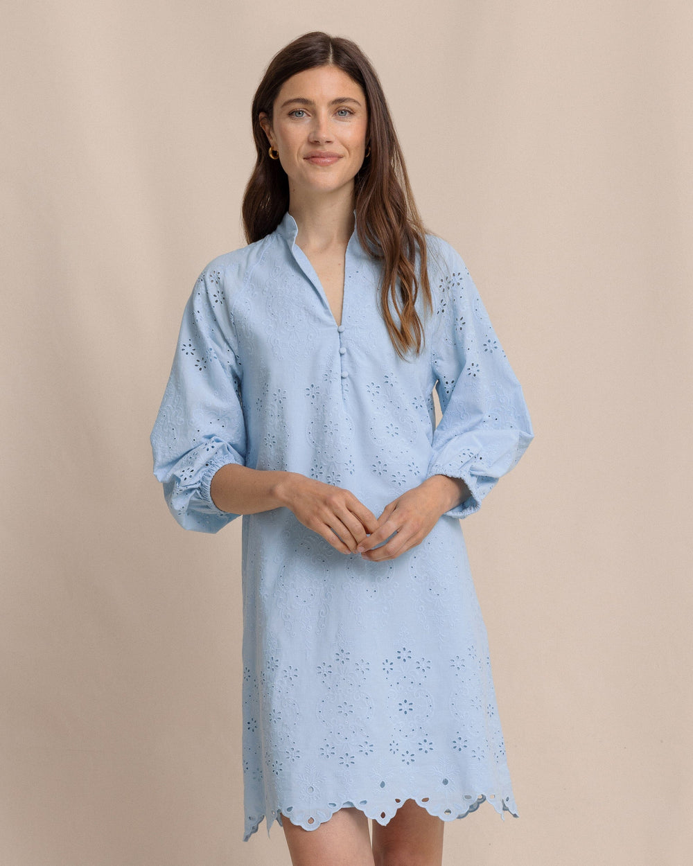 The front view of the Southern Tide Mandy Embroidered Bubble Sleeve Dress by Southern Tide - Cerulean