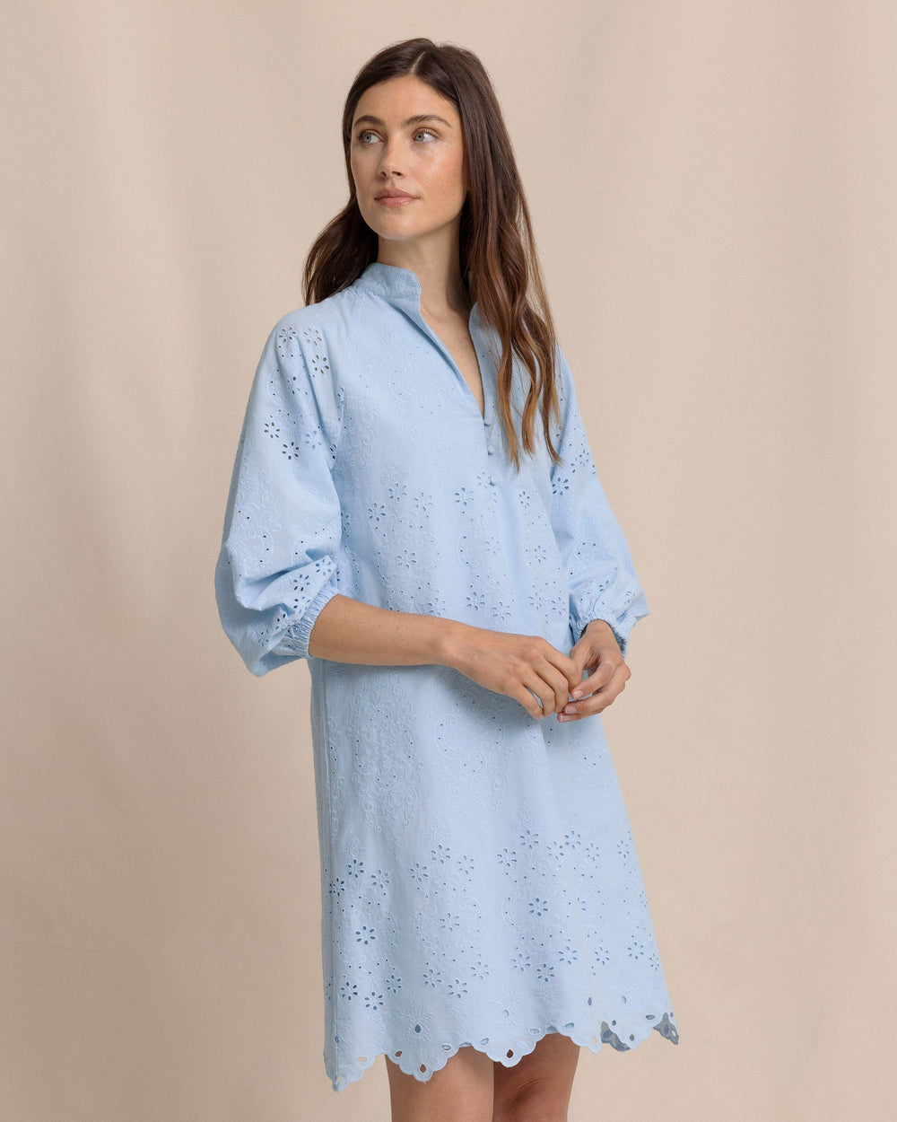 The side view of the Southern Tide Mandy Embroidered Bubble Sleeve Dress by Southern Tide - Cerulean