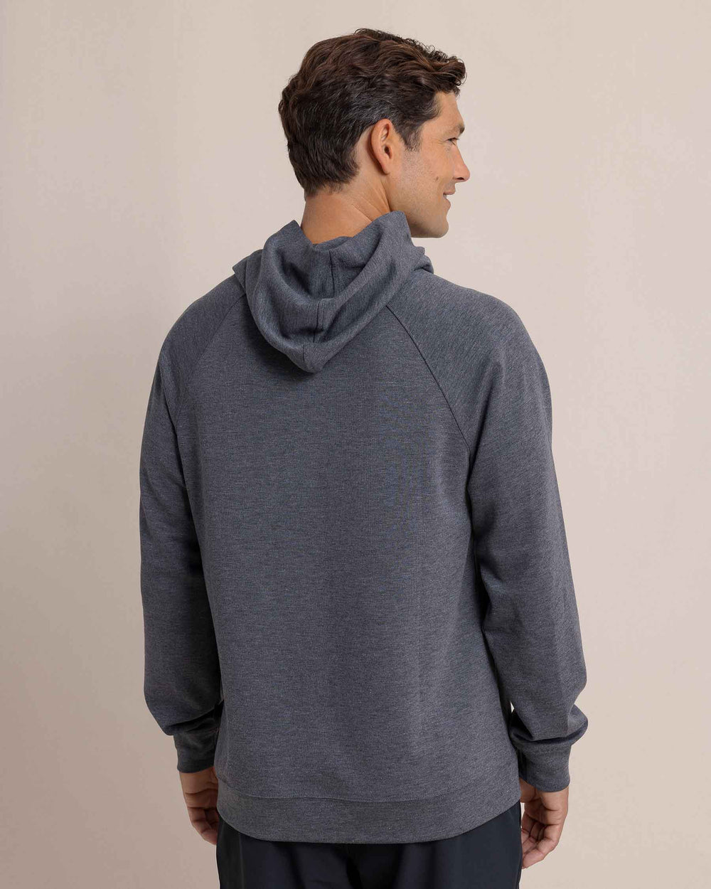 The back view of the Southern Tide Manteo Heather Interlock Snapfront Hoodie by Southern Tide - Heather Castle Rock