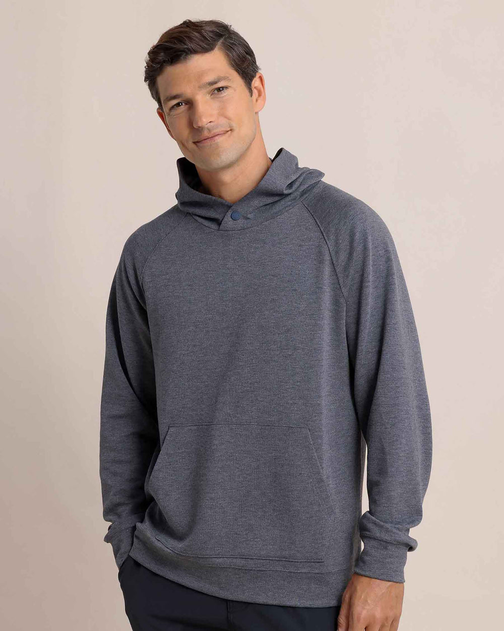 The front view of the Southern Tide Manteo Heather Interlock Snapfront Hoodie by Southern Tide - Heather Castle Rock