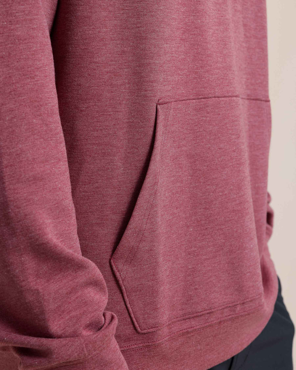 The pocket view of the Southern Tide Manteo Heather Interlock Snapfront Hoodie by Southern Tide - Heather Muscadine