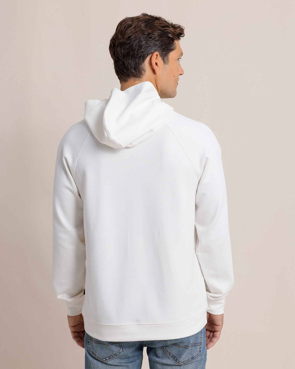 The back view of the Southern Tide Manteo Heather Interlock Snapfront Hoodie by Southern Tide - Heather Sand White