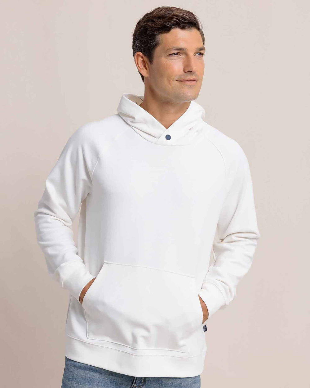 The front view of the Southern Tide Manteo Heather Interlock Snapfront Hoodie by Southern Tide - Heather Sand White