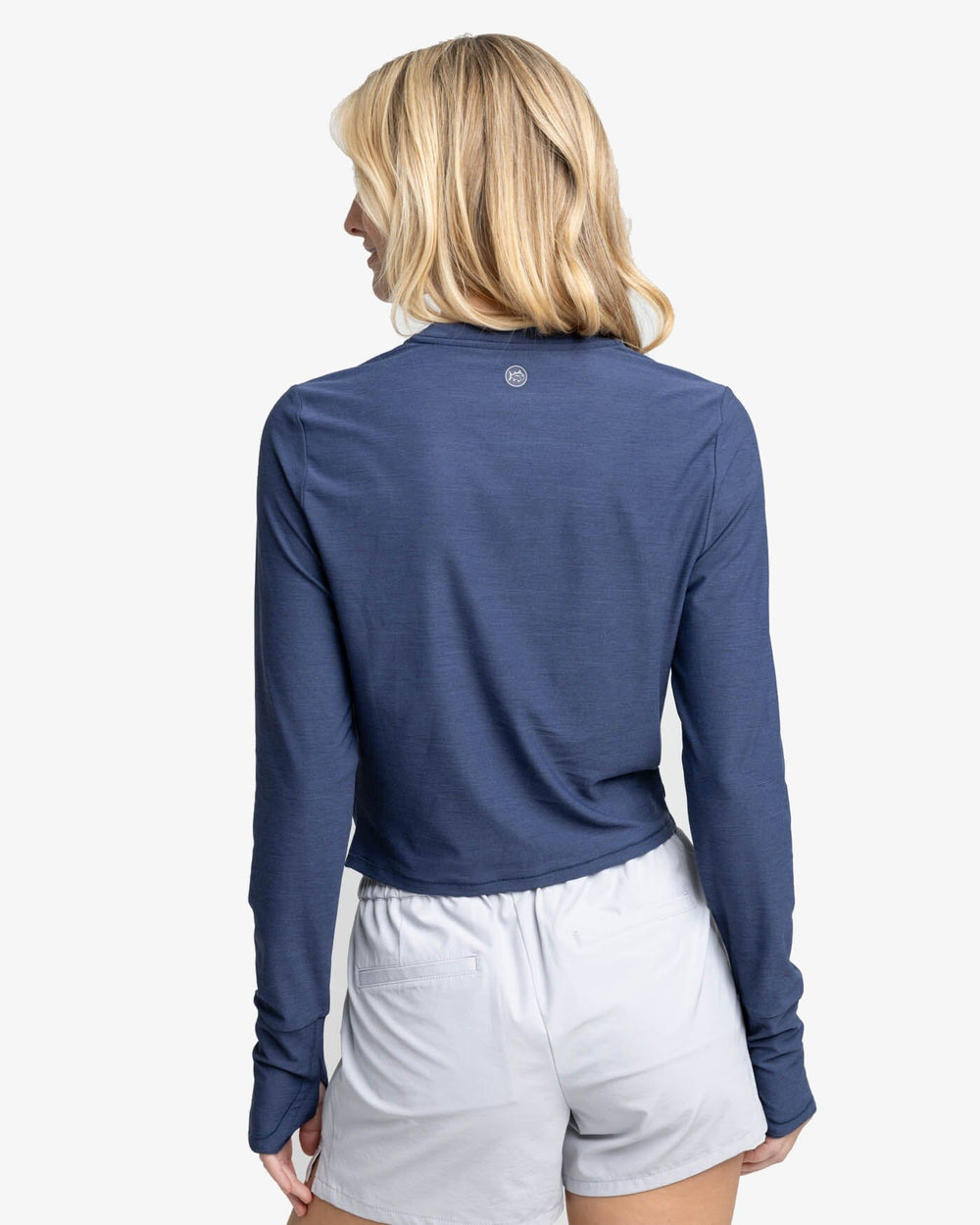 The back view of the Southern Tide Margot brrr°-illiant Twist Knot Top by Southern Tide - Nautical Navy