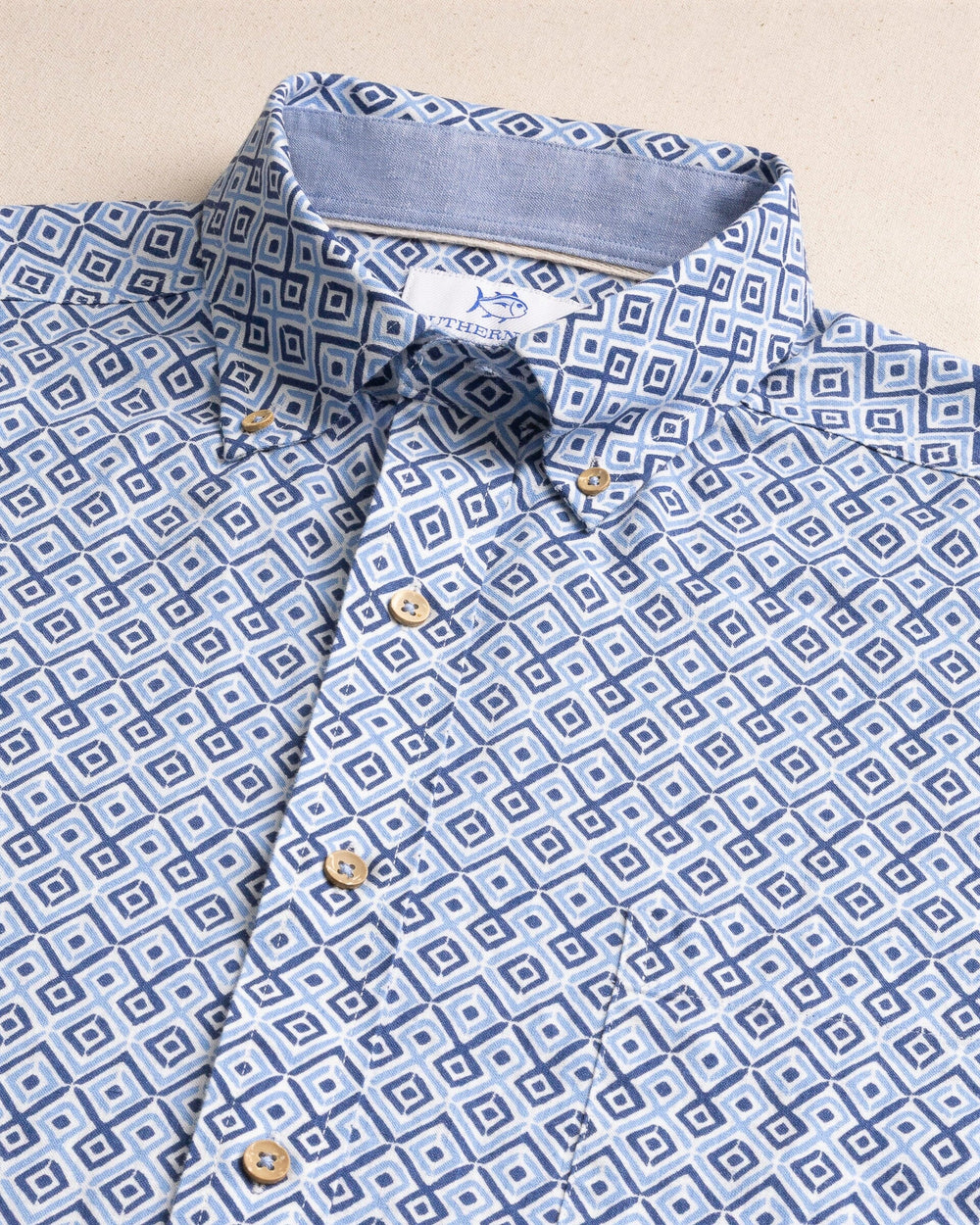 The detail view of the Southern Tide Marine Mirage Linen Rayon Short Sleeve Sport Shirt by Southern Tide - Ocean Channel