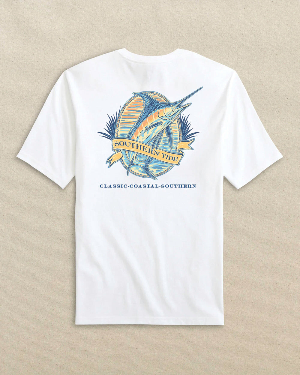 The back view of the Southern Tide Marlin Badge Short Sleeve T-Shirt by Southern Tide - Classic White