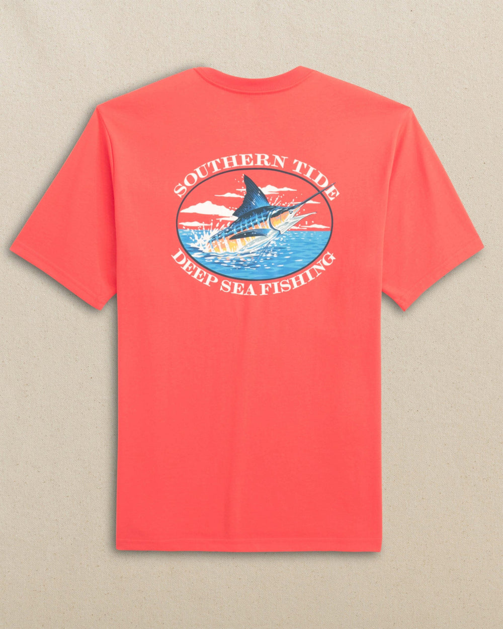 The back view of the Southern Tide Marlin Deep Sea Fishing Short Sleeve T-Shirt by Southern Tide - Sunset Coral