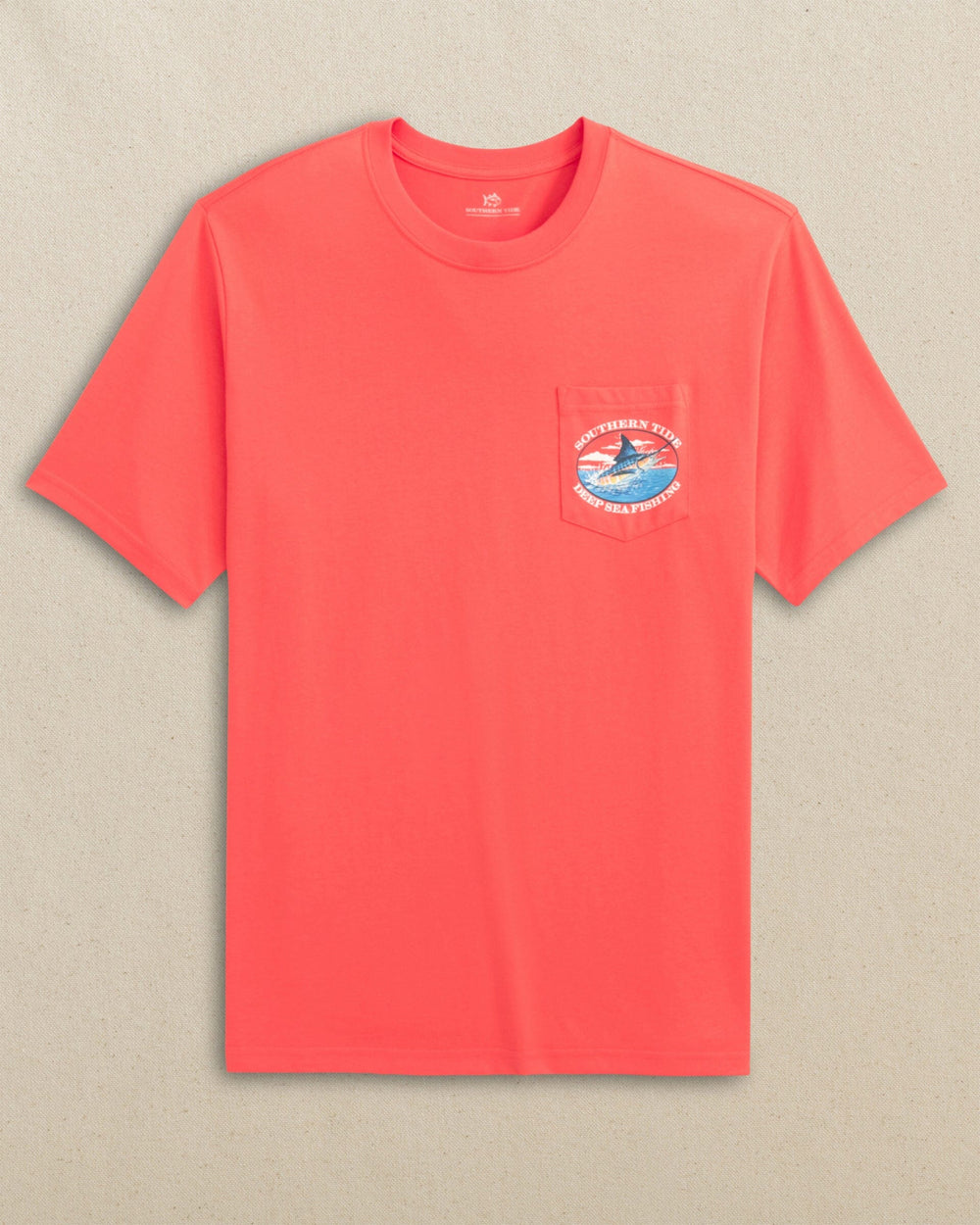 The front view of the Southern Tide Marlin Deep Sea Fishing Short Sleeve T-Shirt by Southern Tide - Sunset Coral