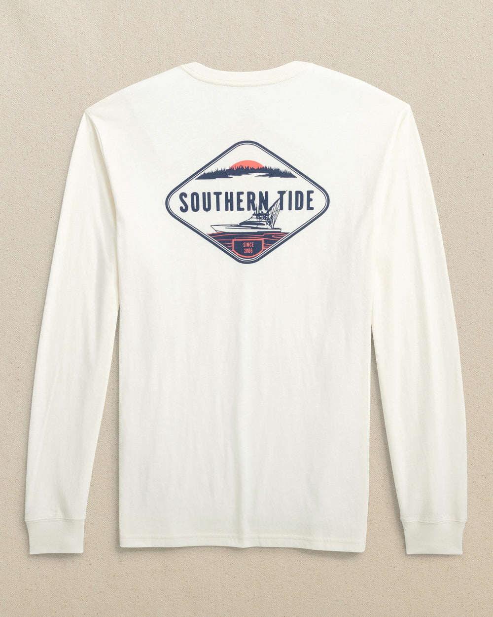 The back view of the Southern Tide Marsh Boat Long Sleeve T-Shirt by Southern Tide - Sand White
