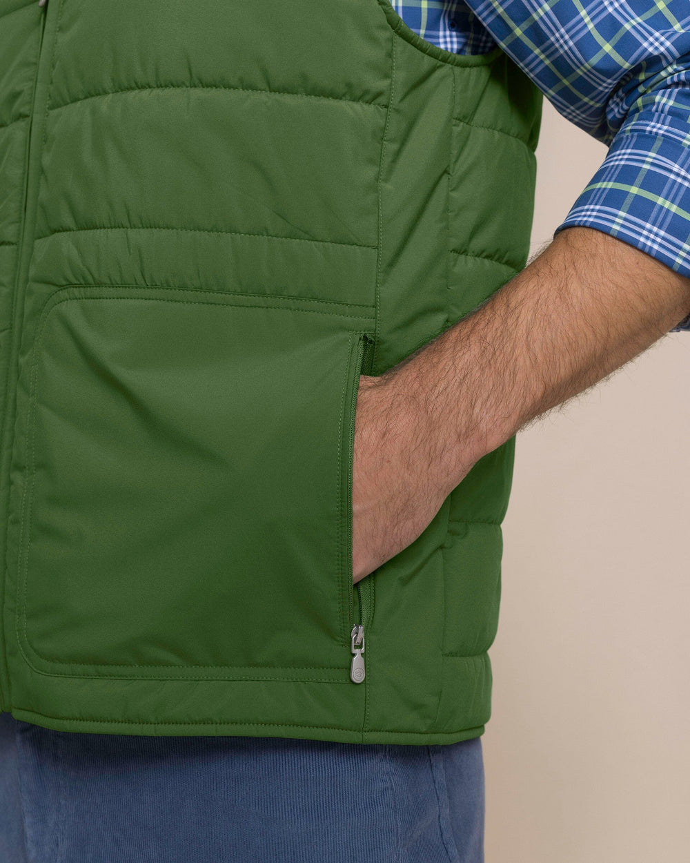 The detail view of the Southern Tide Marsh Creek Cove Quilted Vest by Southern Tide - Cedar Green