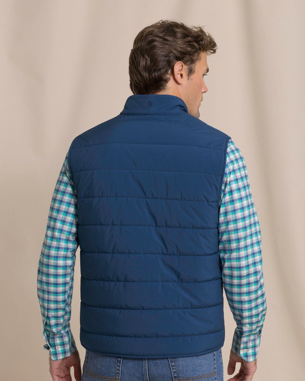 The back view of the Southern Tide Marsh Creek Cove Quilted Vest by Southern Tide - Nautical Blue