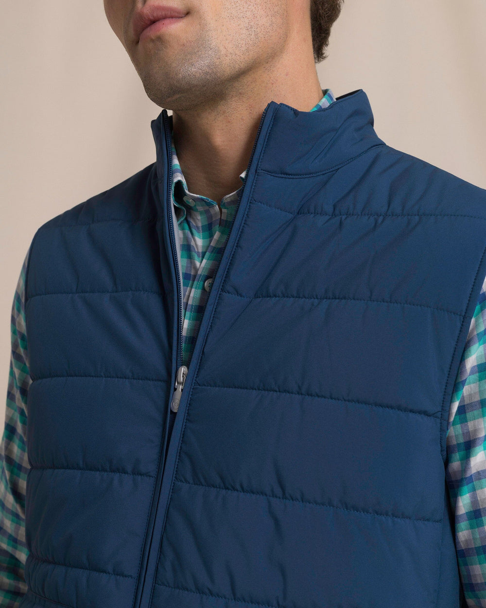 The detail view of the Southern Tide Marsh Creek Cove Quilted Vest by Southern Tide - Nautical Blue