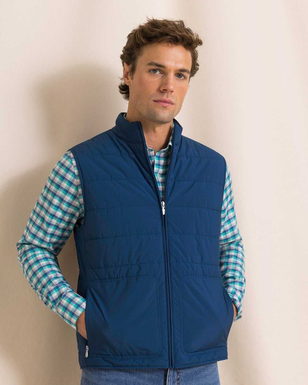 The front view of the Southern Tide Marsh Creek Cove Quilted Vest by Southern Tide - Nautical Blue