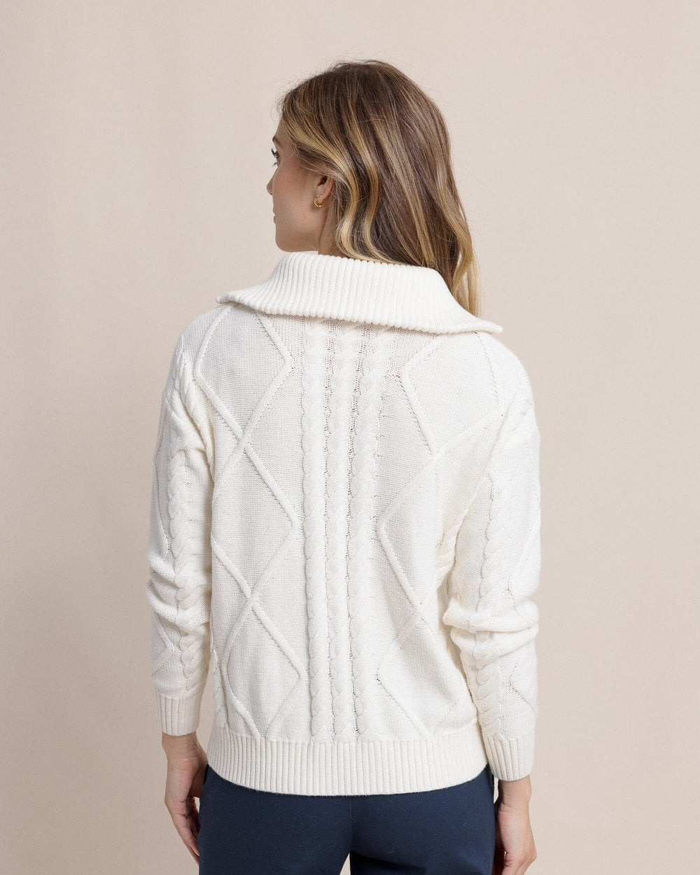 The back view of the Southern Tide Marta Cable Knit Quarter Zip Sweater by Southern Tide - Sand White