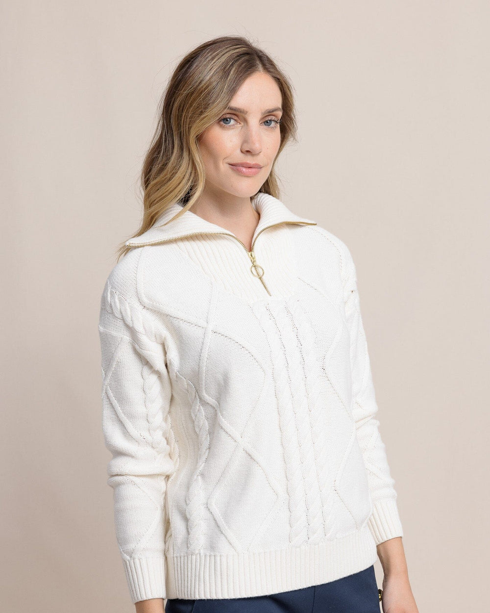 The front view of the Southern Tide Marta Cable Knit Quarter Zip Sweater by Southern Tide - Sand White