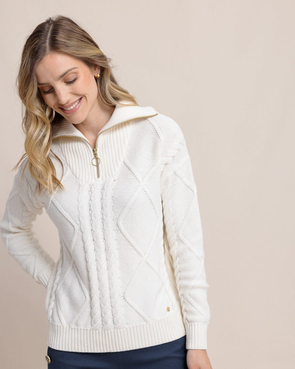 The front view of the Southern Tide Marta Cable Knit Quarter Zip Sweater by Southern Tide - Sand White