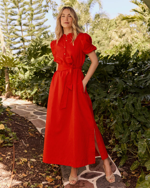 The lifestyle view of the Southern Tide Mary Ann Maxi Dress by Southern Tide - Poppy Red