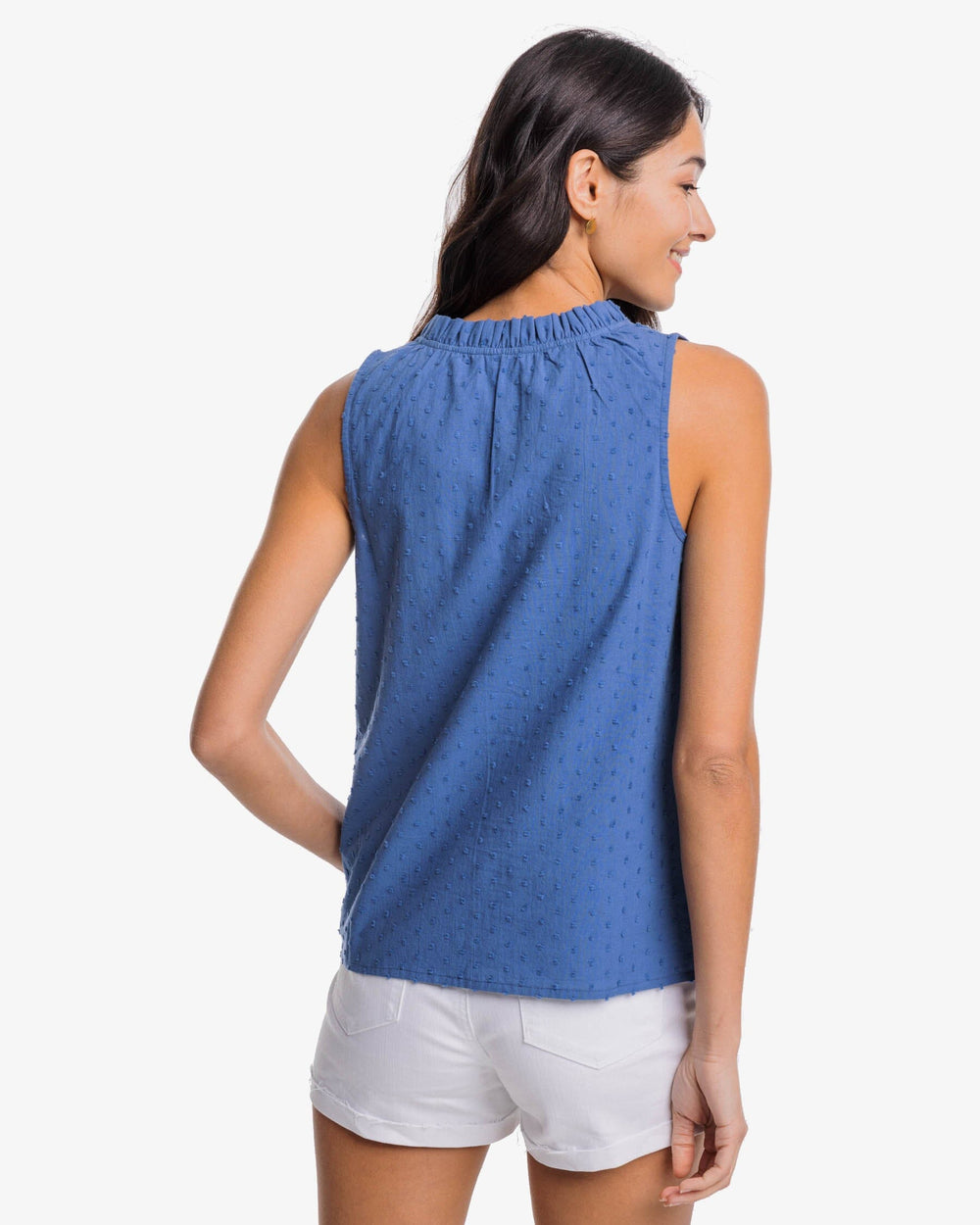 The back view of the Southern Tide Mary Catherine Swiss Dot Top by Southern Tide - Seven Seas Blue