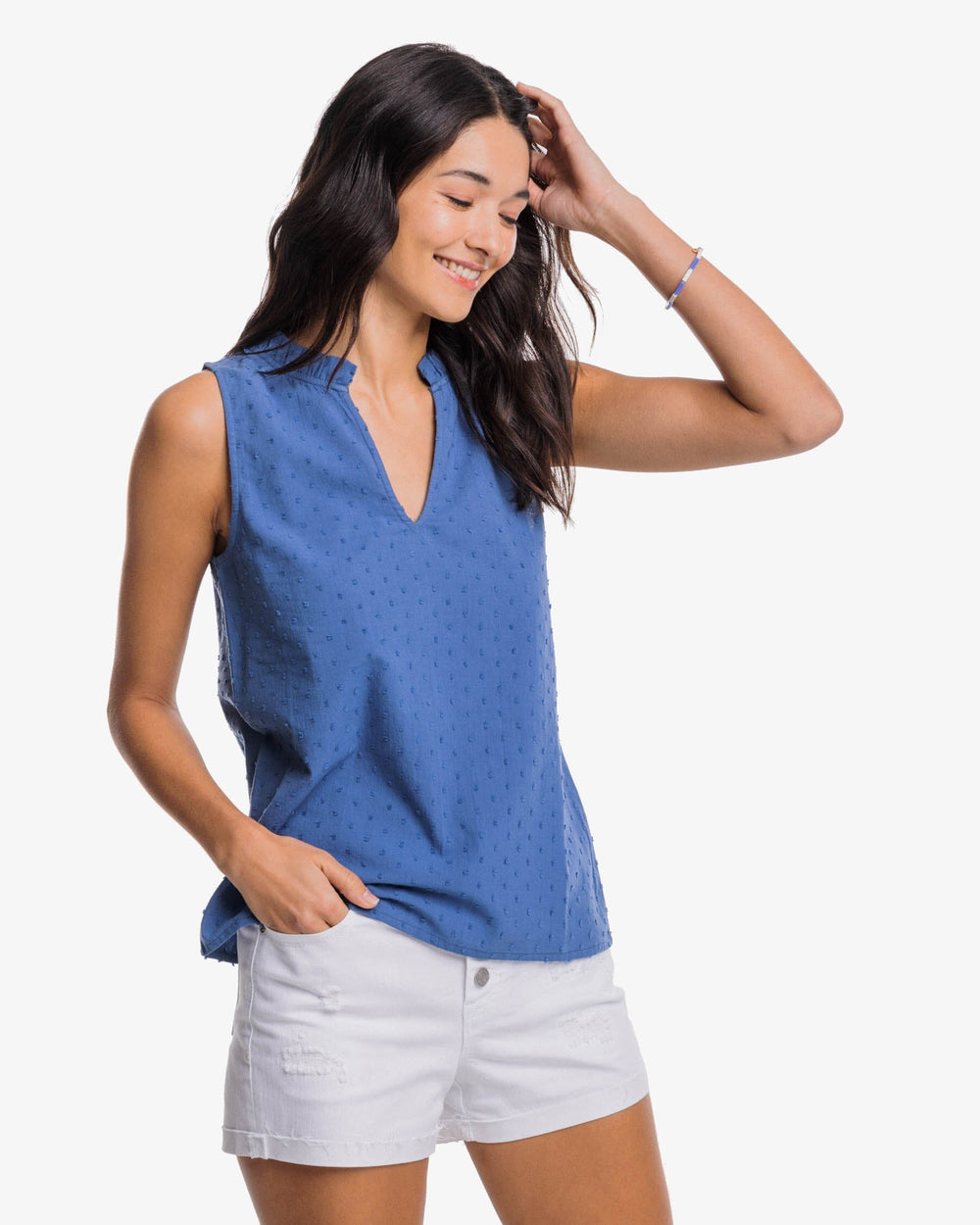 The front view of the Southern Tide Mary Catherine Swiss Dot Top by Southern Tide - Seven Seas Blue