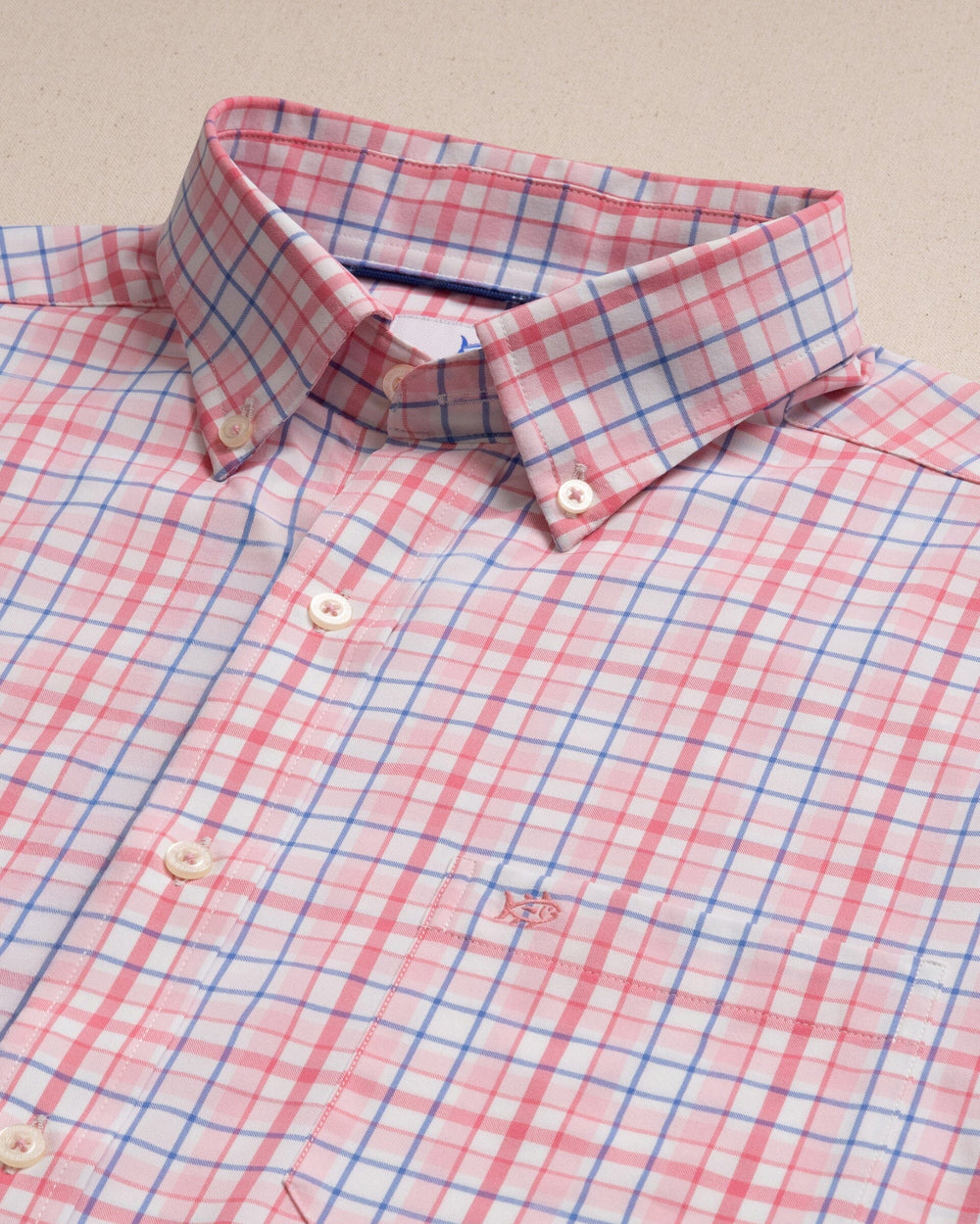 The detail view of the Southern Tide Master Plaid Coastal Breeze® Sport Shirt by Southern Tide - Orchid Pink